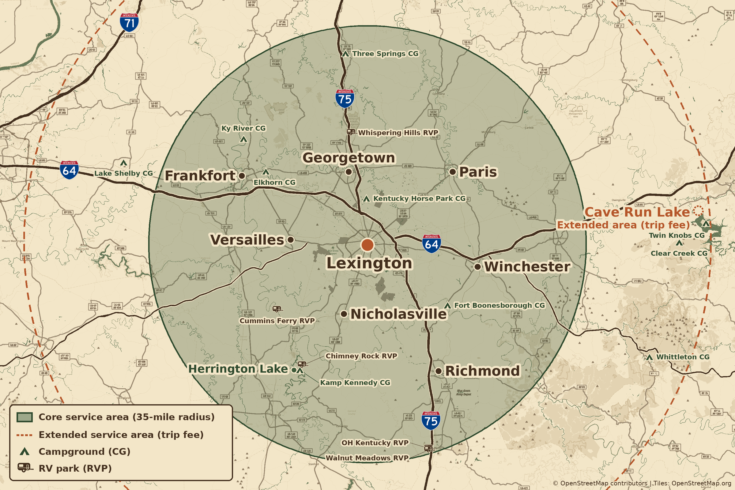 Camper Medic service area map: 35-mile core around Lexington, KY with a dotted 55-mile extended ring
